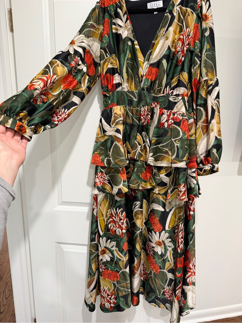 Floral Tiered V-Neck Dress in Green and Red
